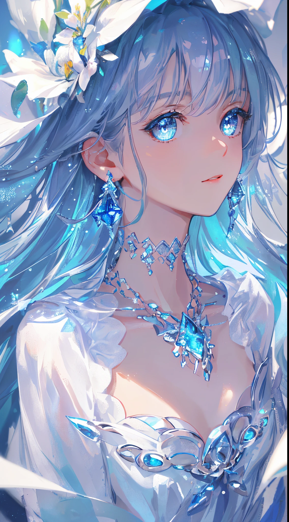 masterpiece, best quality, illustration, sax blue, platinum earrings, platinum necklace, white dress, 1girl, cute, (dynamic lighting:1.2), cinematic lighting, delicate facial features, detailed eyes, sharp pupils, realistic pupils, depth of field, bokeh, sharp focus, (hyper-detailed, bloom, glow:1.4), many small gems