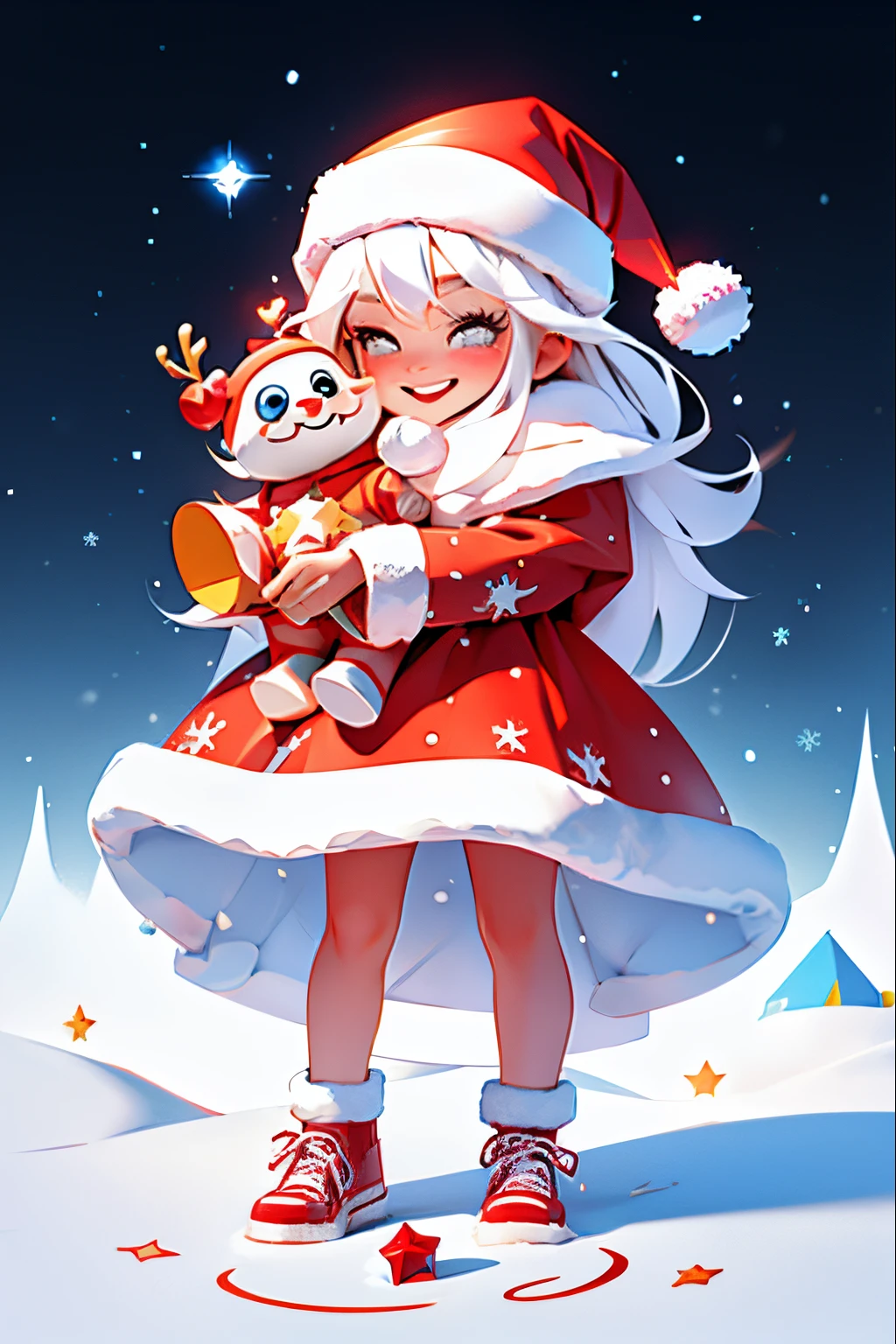 Santa Claus joyfully brings gifts、Cute Santa girl、Stars in the eyes(Kirakira)、Eye Up、laughter、Red shoes are cute、tultra-detail、Luclean world、bioluminic、snowscape、It's snowing、Draw a large snowflake in the foreground、strong bokeh