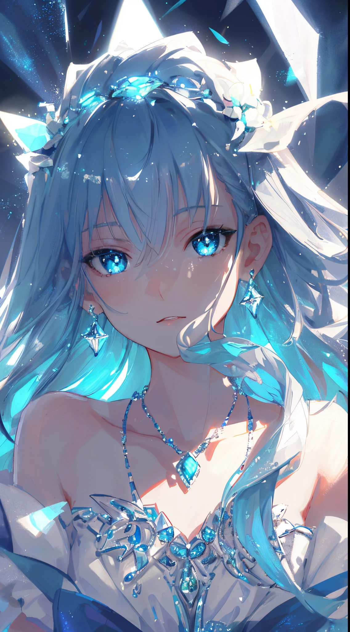 masterpiece, highest quality, figure, Sax Blue, platinum earrings, Platinum Necklace, white dress, 1 girl, cute, (dynamic lighting:1.2), cinematic lighting, delicate features, fine eyes, sharp pupils, good shape big breasts, realistic student, Depth of bounds written, Bokeh, sharp focus, (very detailed, bloom, shine:1.4), Many Small Gems