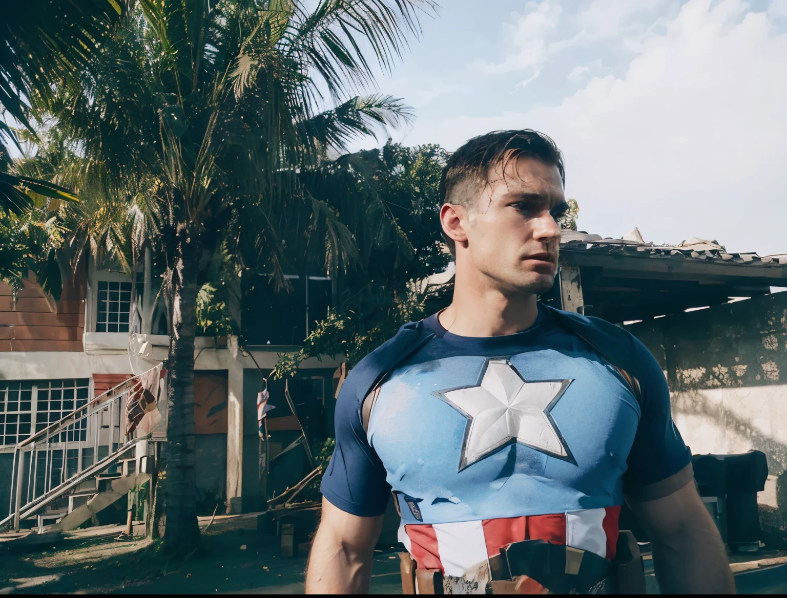 There's a man standing in a room with a flag on the wall, his cape is the american flag, Chris Evans como um levantador de peso, homem americano, donald trump as captain america, muscular male hero, Ron DeSantis as Captain America, portrait of captain america, feito em motor unreal, Henry Cavill como Wolverine, Criado em Unreal Engine 5, Captain America Same as photo reference photo