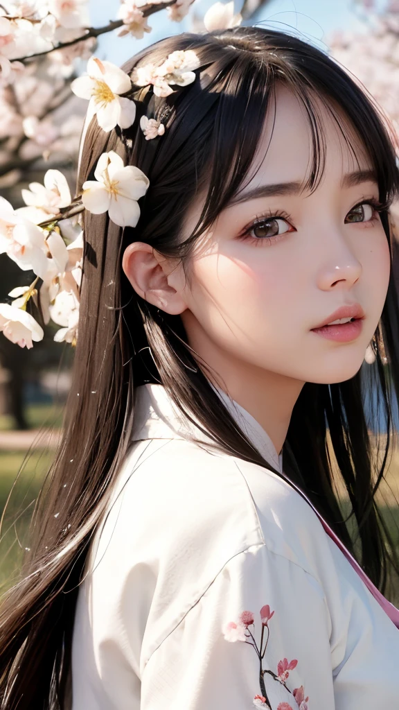 (A logo、masterpiece、8K、masutepiece、Raw photo、Fantastic、Best Quality、Photorealistic、extremely detailed CG unified 8k wallpaper、hightquality、ighly detailed、epic poem、Particle effect、Dynamic effects、depth of fields、Cinematic Light、Lens Flare、Ray tracing)、Fantasia、 (Beauty 1 person、White Japanese Clothing、Japanese dress、White cherry blossom pattern、White cherry blossom embroidery pattern、A dark-haired、Beautiful face、Real Face、Beautiful detail eyes、Beautiful skin)、Hair flutters in the wind、Hair jumps、Pink cherry blossom tree、Petals flutter、Sakura blizzard、Superb view、morning glow、Sun in the background、the wind、Deities、tusk、myth、Vast Land、