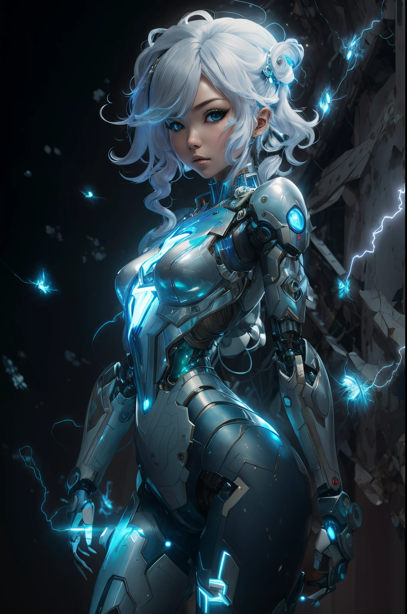 a close-up of a woman in a futuristic suit with lightning, Ciborgue - ****** com cabelo prateado, arte conceitual digital de alta qualidade, arte de anime digital detalhada, Advanced digital anime art, ****** ciborgue bonito, ****** bonita ciborgue, anime robotic mixed with organic, mulher ciborgue perfeita do anime, Ross Tran 8 K, ****** em mecha cyber armor, Arte digital altamente detalhada em 4k