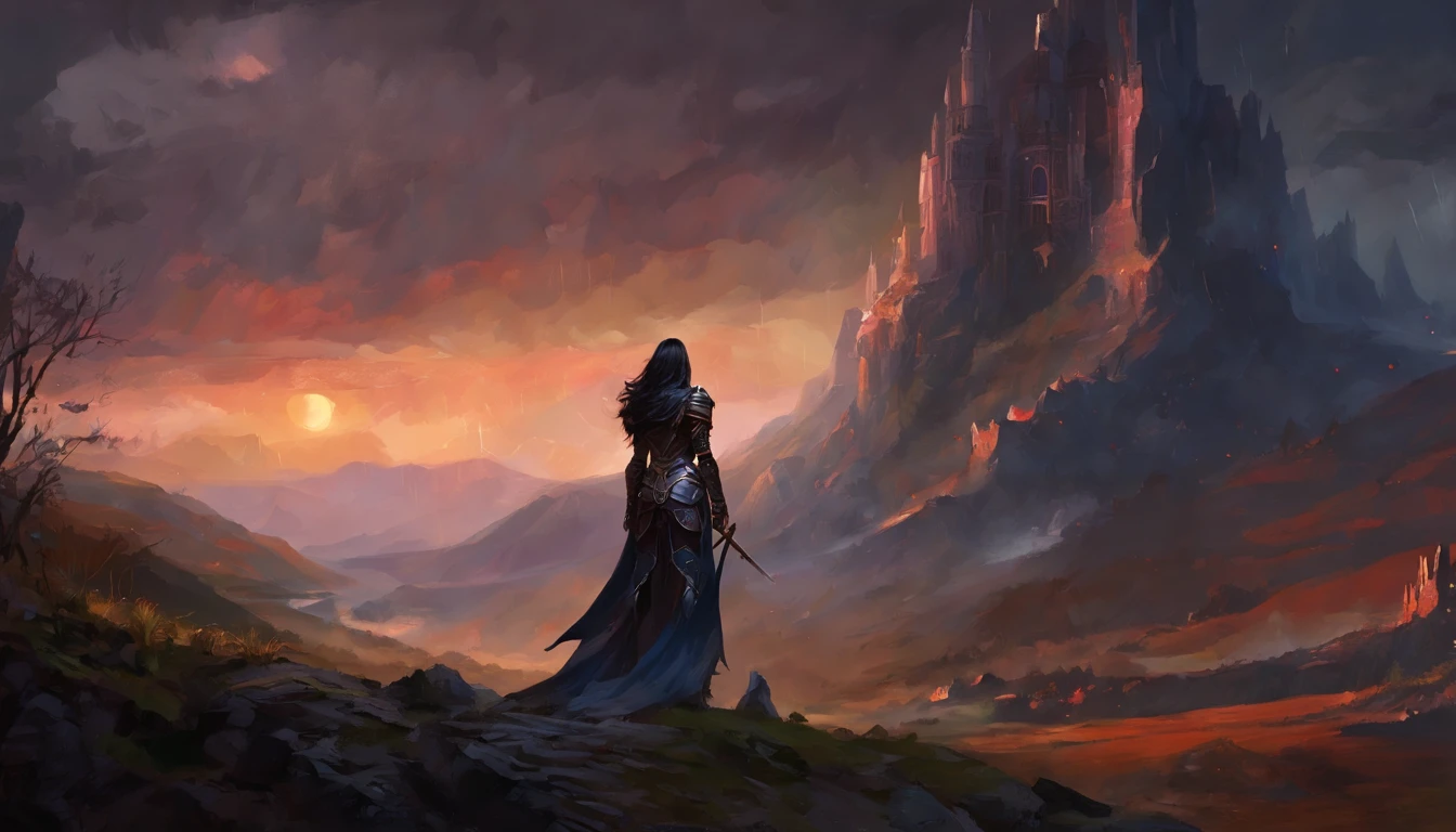 ((masterpiece, dark fantasy, best quality)), (camera from back), (1girl), dark female warrior walking on stony path, ((face to camera, camera from back)), dark mountains in the background, rainy evening, high details, (symetric face, symetric eyes, white hair, long hair, dark armour), brown eyes, ((breast exposed)), ((natural breasts, shining breasts)),,(dark armour), brown eyes, fantasy, ((rainy evening, dark mountains in background)), ((fantasy dark colors)), style of Frank Frazetta, fantasy