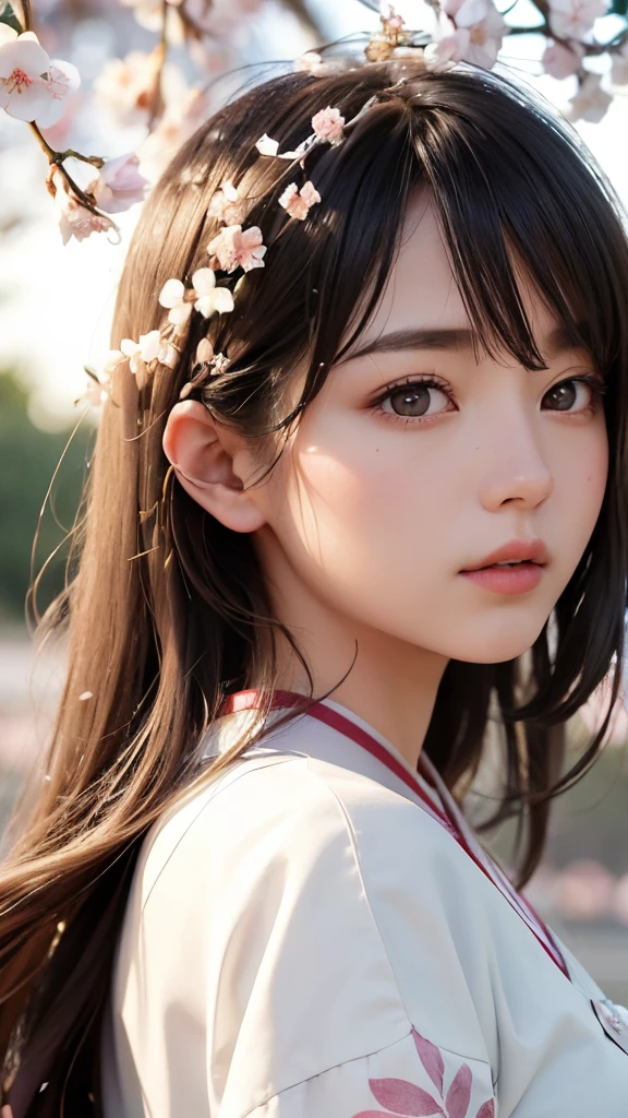 (A logo、masterpiece、8K、masutepiece、Raw photo、Fantastic、Best Quality、Photorealistic、extremely detailed CG unified 8k wallpaper、hightquality、ighly detailed、epic poem、Particle effect、Dynamic effects、depth of fields、Cinematic Light、Lens Flare、Ray tracing)、Fantasia、 (Beauty 1 person、White Japanese Clothing、Japanese dress、White cherry blossom pattern、White cherry blossom embroidery pattern、A dark-haired、Beautiful face、Real Face、Beautiful detail eyes、Beautiful skin)、Hair flutters in the wind、Hair jumps、Pink cherry blossom tree、Petals flutter、Sakura blizzard、Superb view、morning glow、Sun in the background、the wind、Deities、tusk、myth、Vast Land、