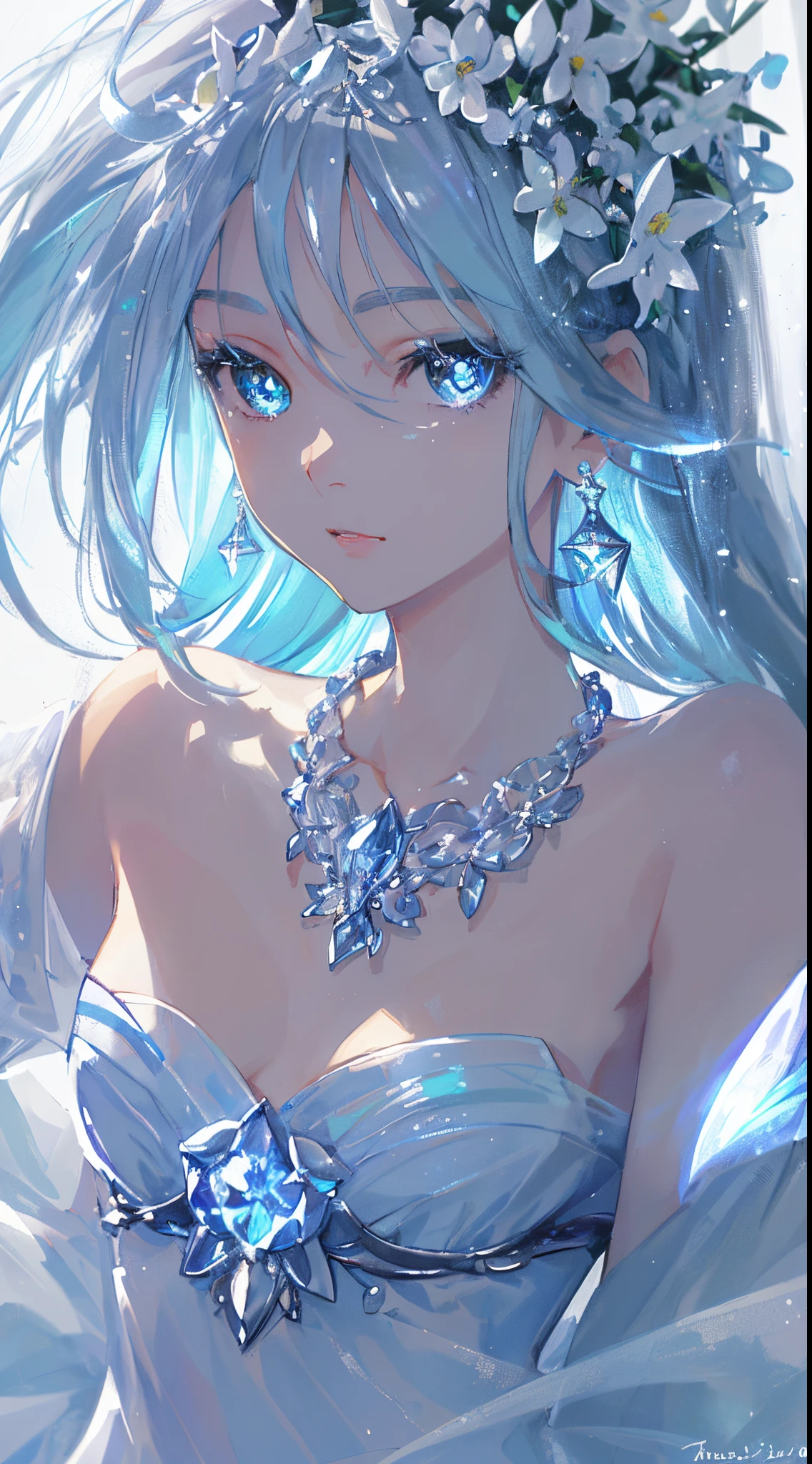 masterpiece, best quality, illustration, sax blue, platinum earrings, platinum necklace, white dress, 1girl, cute, (dynamic lighting:1.2), cinematic lighting, delicate facial features, detailed eyes, sharp pupils, realistic pupils, depth of field, bokeh, sharp focus, (hyper-detailed, bloom, glow:1.4), many small gems