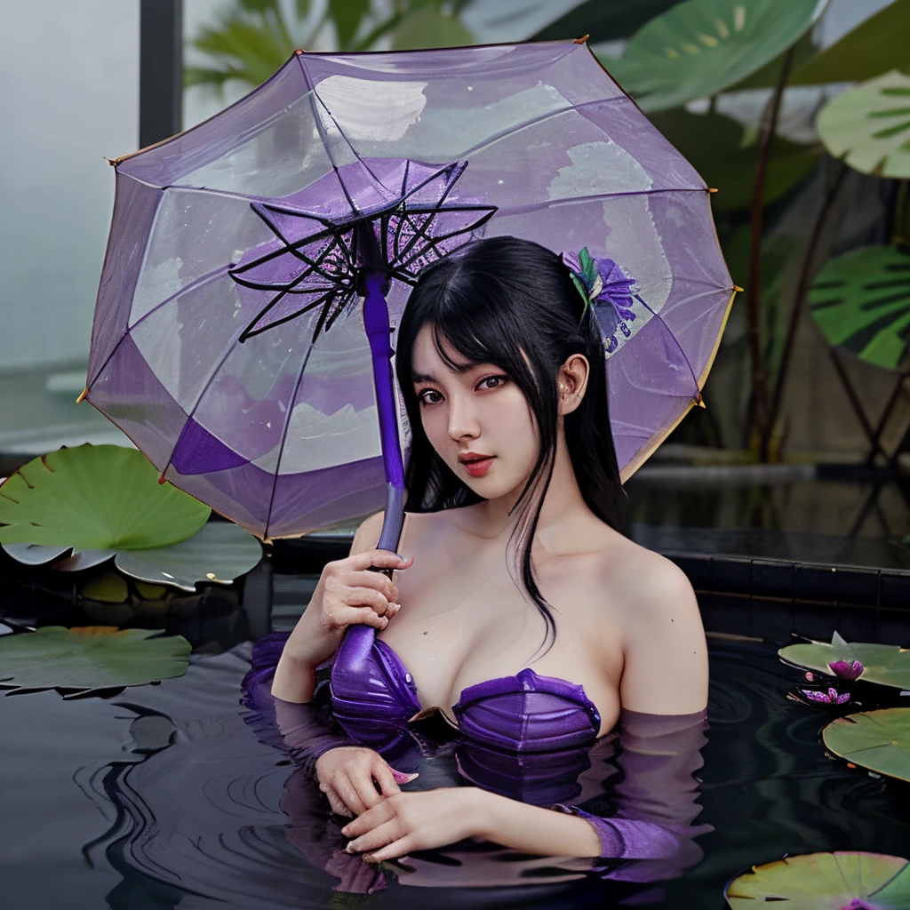 Water Lily Kagura from Mobile Legends. She has black hair with a bit of purple colour, and she has a water lily as an umbrella. The background is a hotel bedroom