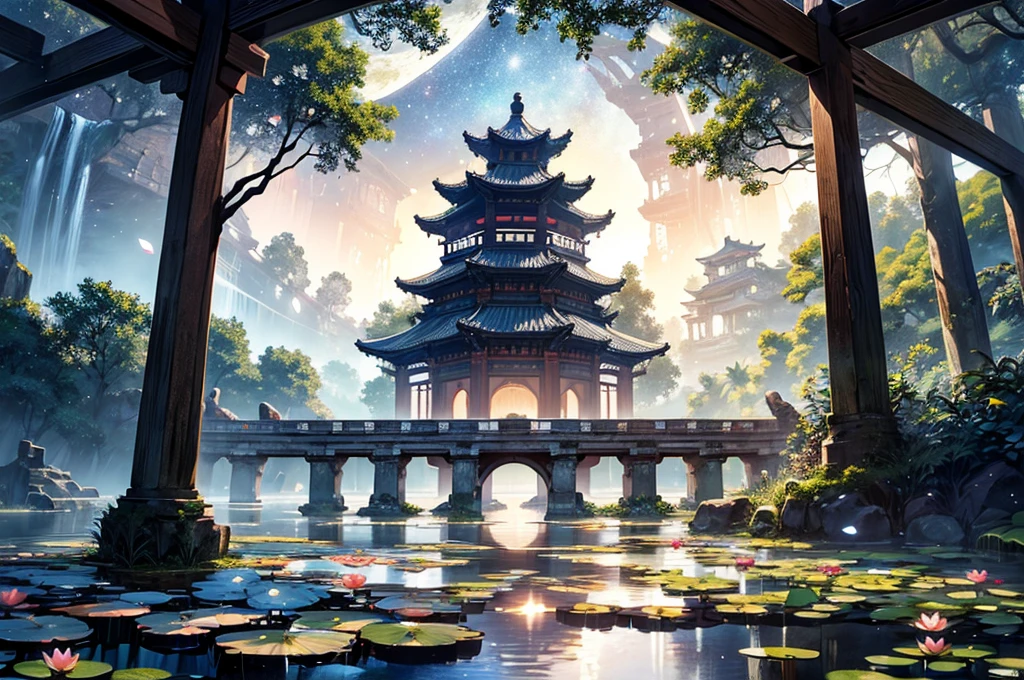 masterpiece, best quality, ultra-detailed, fine detailed, 8k, Starry sky, Full moon, large pond with water lilies, rocky area, rainforest, flower petals, ancient China, white red ruins, red bridge, mythology