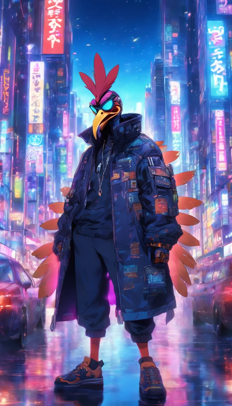 (masterpiece, best quality, ultra-detailed, 8k wallpaper), anthropomorphic turkey, cool, jacket, sunglasses, futuristic city
