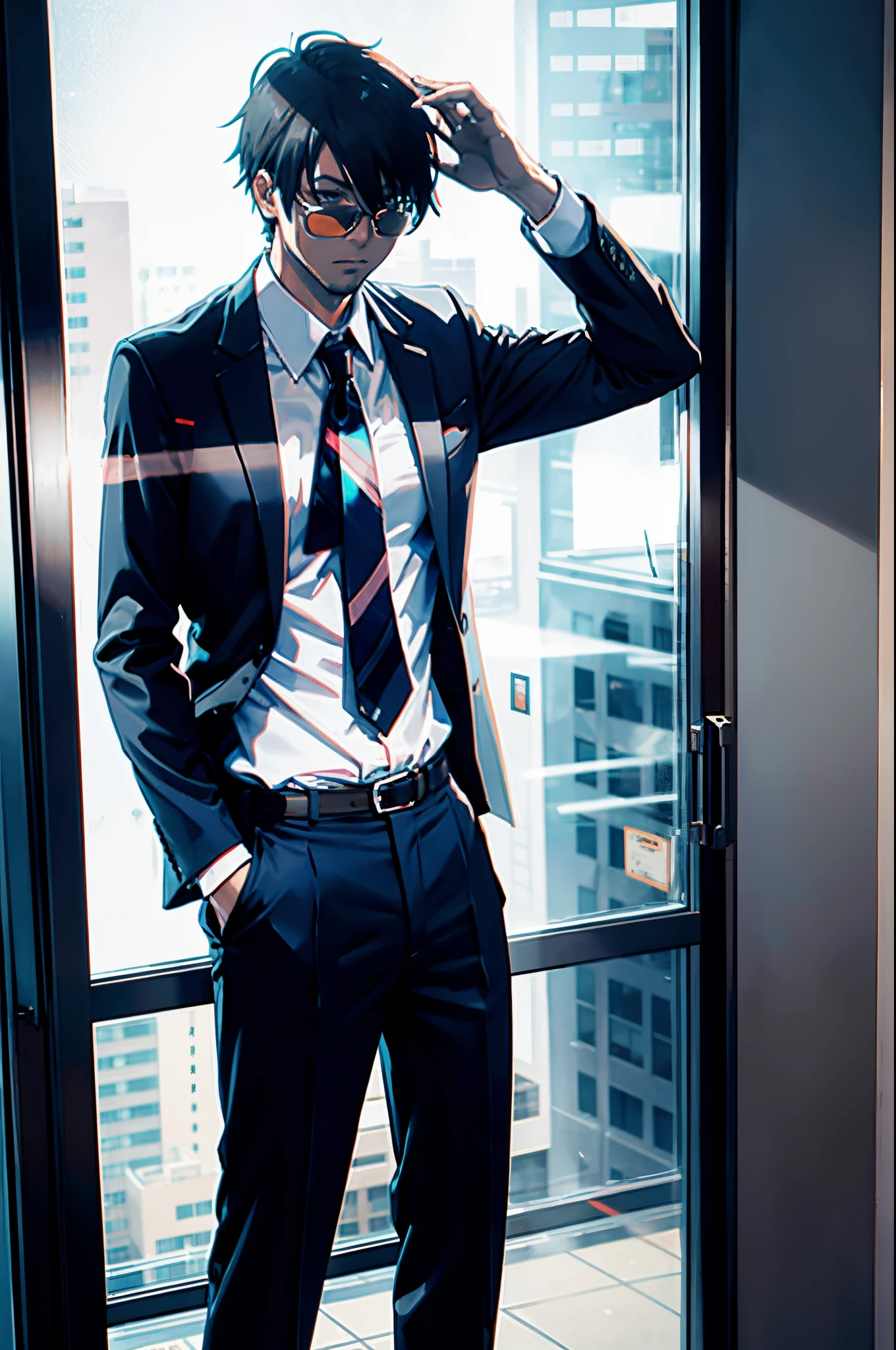 anime adult man, stripped formal pants, office glass window