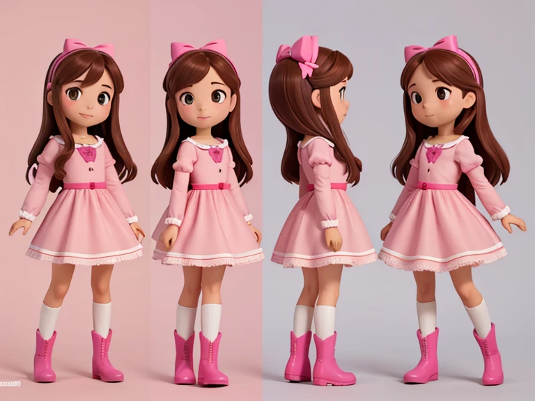 Imagem de perfil de uma menina sentada, character animation frames, identical character design in each frame, The girl is alone, Feliz, brown hair, olhos castanhos, bochechas rosadas, Traje de cowboy cor-de-rosa, pink bow, Botas Rosa, imagem vertical, fundo branco.