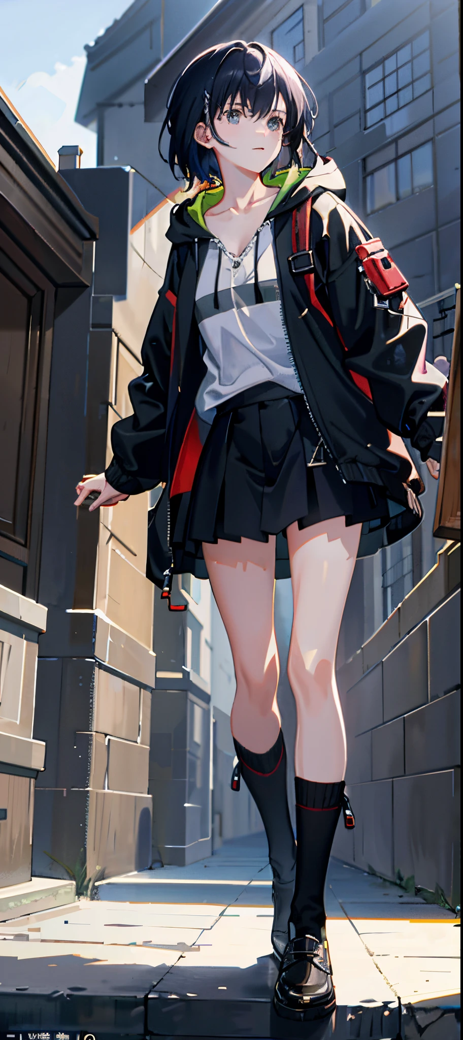 1 girl, jaket, sexy for, Cool, Sateen, Outdoor sports, rays of moonlight, Sam, Germany S, hoody, Open jacket, Nipple chains, backpacks, look at another, mature, messy hair, Short hair details, Hot topics on artstation, 8K分辨率, Very detailed and anatomically correct, Sharp Images, digitial painting, concept-art, Popular topics on pixiv, Makoto Shinkai's style,