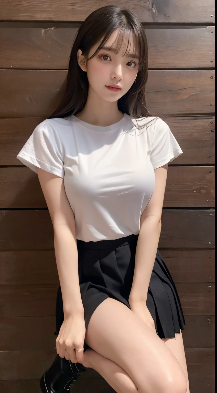 Innocent 18 year old girl、((White T-shirt, small black pleated skirt,Black High Heels,I can see the shape of big breasts,thigh visible,I can almost see my panties.,Dramatic poses)),Crisp eyes,face with high quality,Smile,Twin-tailed,Curly hair,Background of Western-style buildings、Wooden wall background、Raw photo, (8K、top-quality、​masterpiece:1.2)、(intricate detailes:1.4)、(Photorealsitic:1.4)、octane renderings、Complex 3D rendering ultra detail, Studio Soft Light, Rim Lights, vibrant detail, super detailing, realistic skin textures, Detail Face, Beautiful detail eyes, Very detailed CG Unity 16k wallpaper, make - up, (detailedbackground:1.2), shinny skin, Full body、((From head to thigh)),((Shot from below))