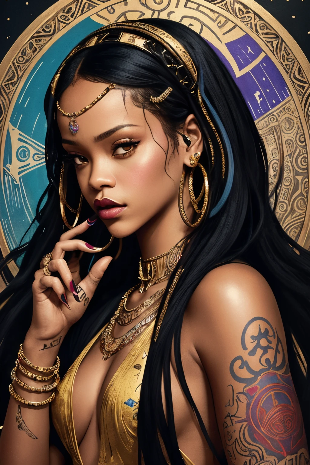 "Generate an AI-powered artwork that envisions Rihanna as a mythical figure, weaving her presence into the fabric of a contemporary mythology. Picture her with divine attributes, embodying elements of strength, creativity, and empowerment. Envision her surrounded by symbolic motifs that reflect her impact on the realms of music, fashion, and culture. Incorporate modern symbols and imagery that resonate with Rihanna's multifaceted persona. Use a rich and vibrant color palette to convey the dynamism and boldness associated with her artistic endeavors. The final image should be a visually compelling representation of Rihanna as a contemporary mythological icon, fusing elements of modernity with the timeless allure of mythology."