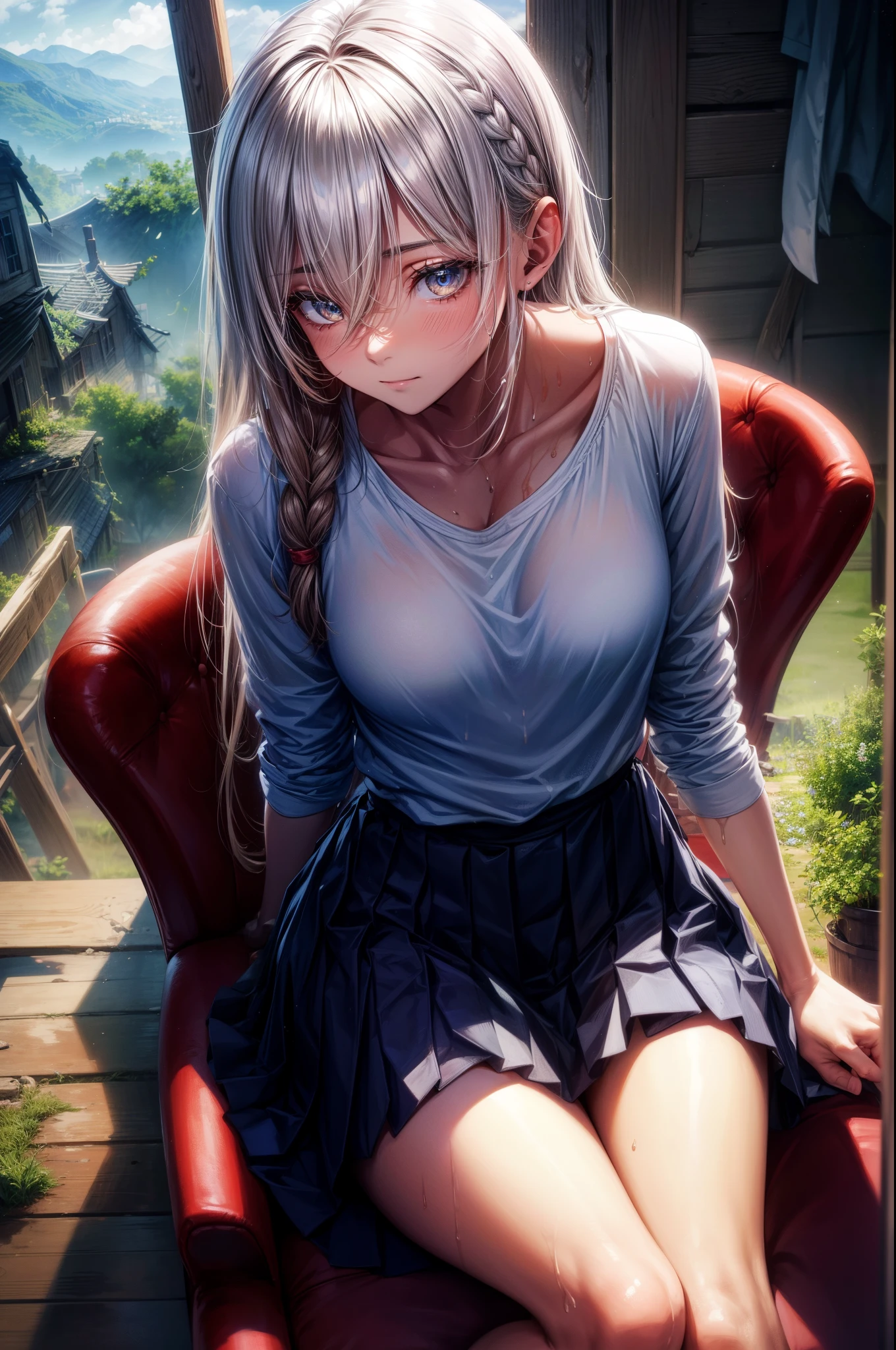 Artie Future Animation. bird's eyes view, Dirty woman sitting on chair in dilapidated house, Wet hair covering eyes, Detailed slim fit shirt and pleated skirt. vixip, closeup landscape, hurt. Freehand painting, 电影灯光, The content is very detailed. The white, Brown, Red. Perfect work, tmasterpiece, Best quality, 4K, Focus sharp. perfect anatomia.