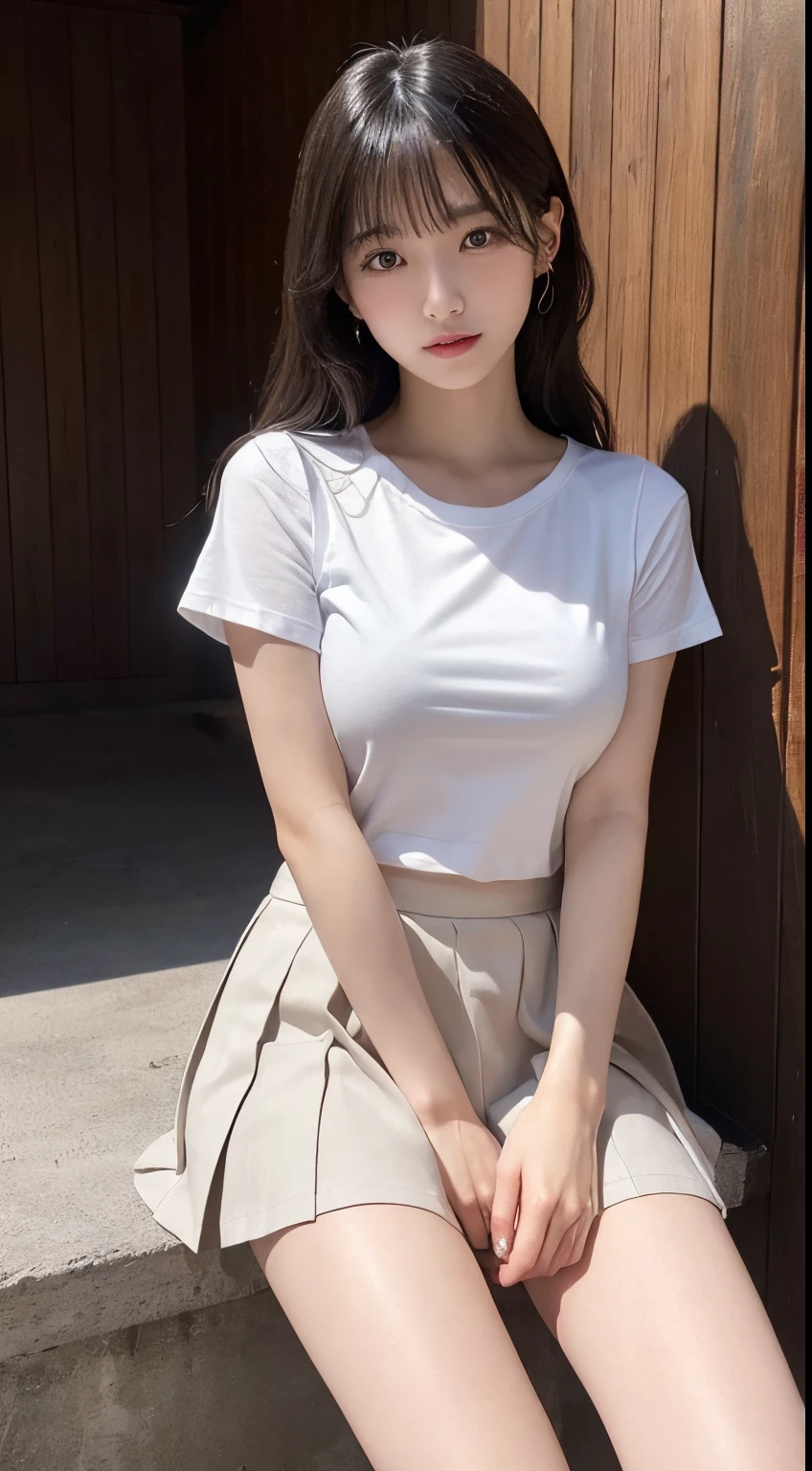 Innocent 18 year old girl、((White T-shirt, small black pleated skirt,Black High Heels,I can see the shape of big breasts,thigh visible,I can almost see my panties.,Dramatic poses)),Crisp eyes,face with high quality,Smile,Twin-tailed,Curly hair,Background of Western-style buildings、Wooden wall background、Raw photo, (8K、top-quality、​masterpiece:1.2)、(intricate detailes:1.4)、(Photorealsitic:1.4)、octane renderings、Complex 3D rendering ultra detail, Studio Soft Light, Rim Lights, vibrant detail, super detailing, realistic skin textures, Detail Face, Beautiful detail eyes, Very detailed CG Unity 16k wallpaper, make - up, (detailedbackground:1.2), shinny skin, Full body、((From head to thigh)),((Shot from below))