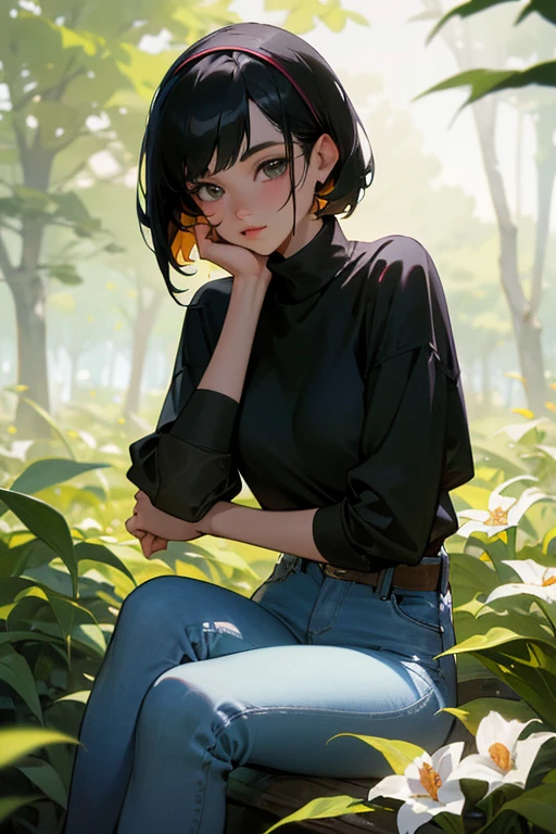 (best quality,4k,highres,masterpiece:1.2),ultra-detailed,realistic,single girl:A young woman, 18 years old, with short black hair, sitting in a park, wearing a black turtleneck, jeans, and a hairband,beautiful detailed eyes,beautiful detailed lips,surrounded by colorful flowers and lush green grass,faint sunlight filtering through the leaves,soft, natural lighting.