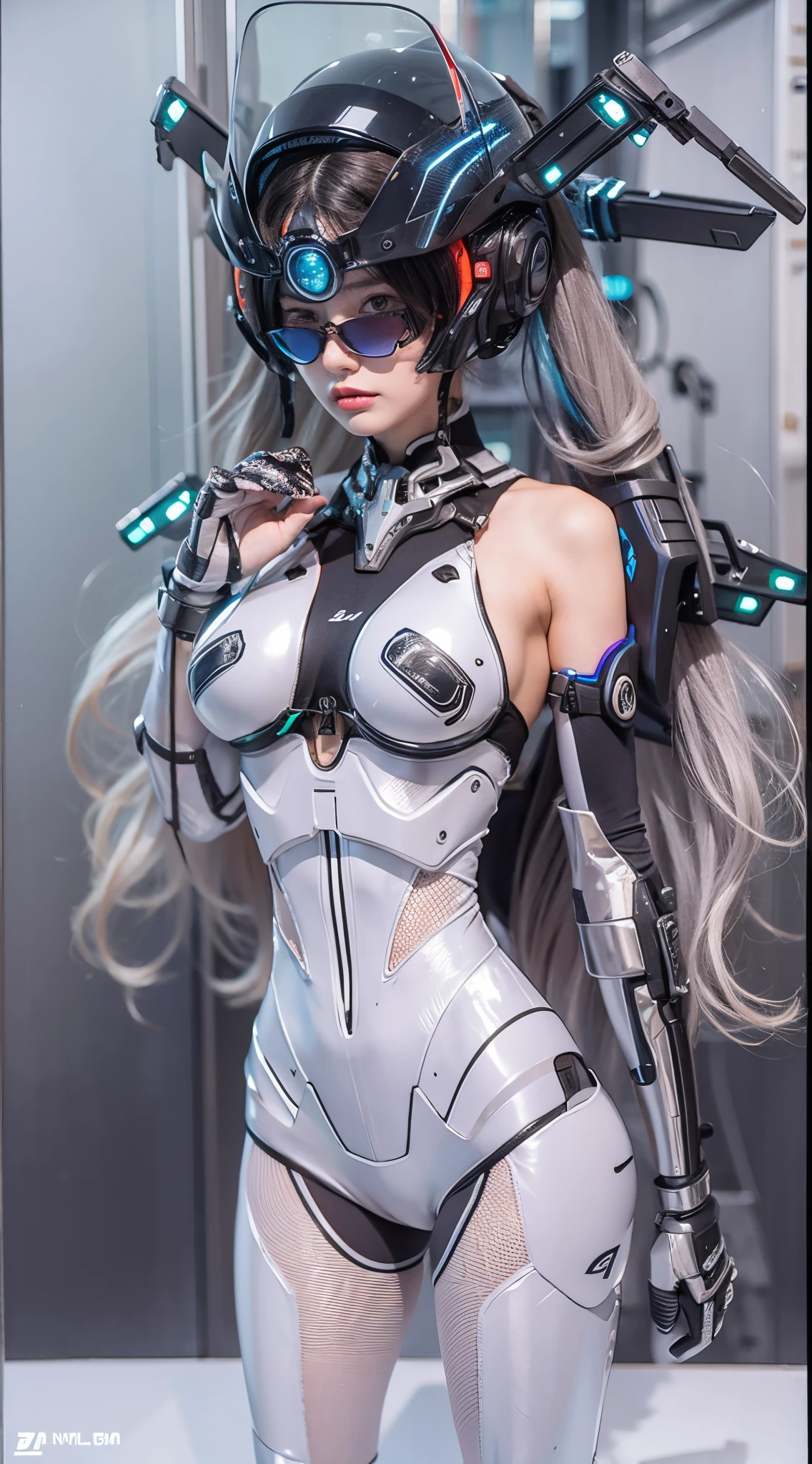 Beautiful Face,face is Japan, 1 Woman, Big, Curvaceous, (16k, RAW photo, top quality, masterpiece: 1.2), (HDR, Realistic, Photorealistic: 1.37) (tube attached to the body), (Bikini Cyborg robot parts)))), (light gray hair), Long hair, Wavy hair, Twin tails, Medium shot, ( Seductive smile)), (black eyes), princess cut,from below,(whole body),posing,,in the lab,( tube connected to blood vessel),((mechanical vertebrae attached to the back)),((mechanical neck attached to the neck)),(wire cable attached to the head and body),(character focus),science fiction,perfect female figure,perfect anatomy,ultraanatomy, Full body shot, up to 4 fingers and 1 thumb relationship,
