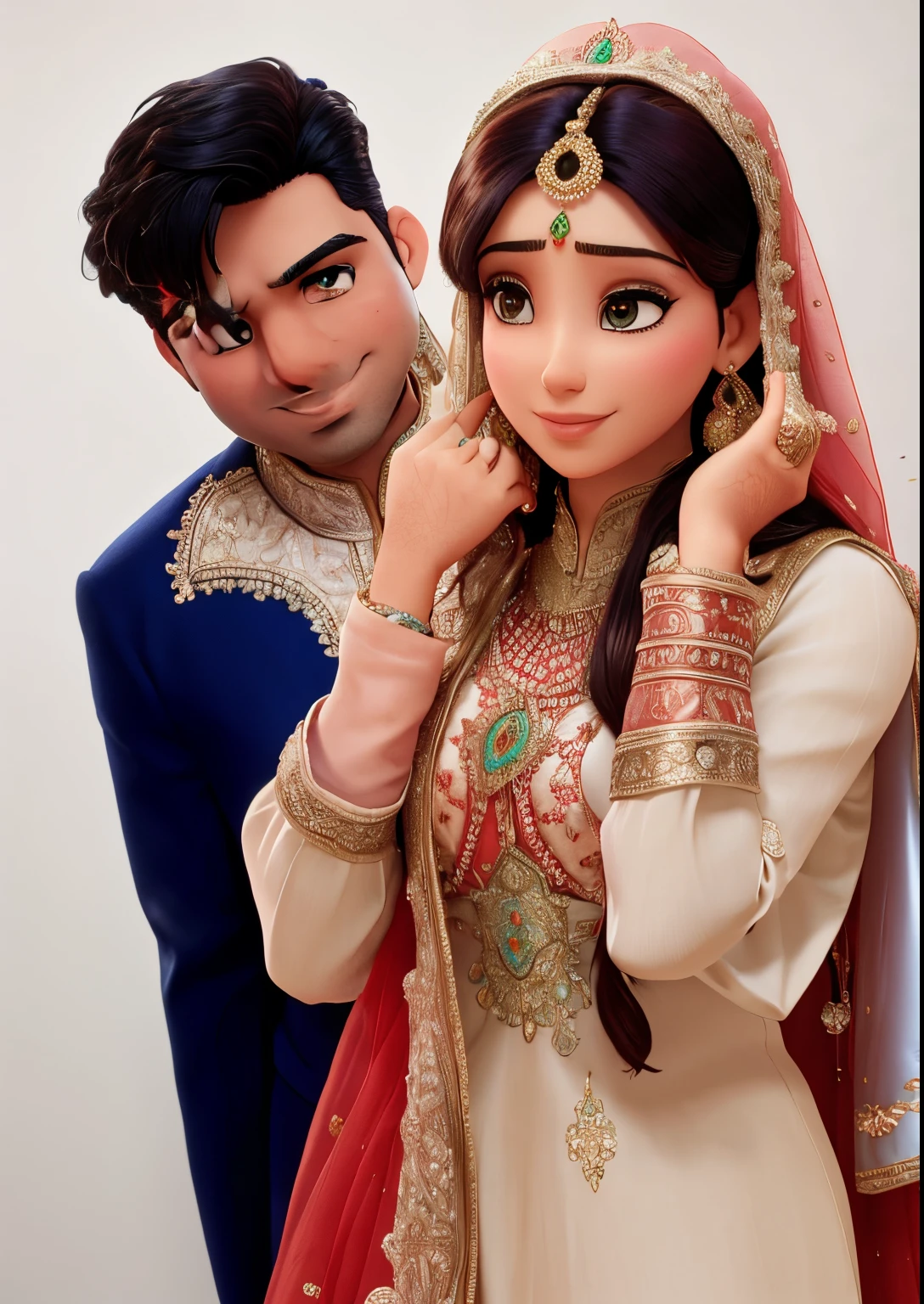 Pakistani husband wife getting married husband standing behind wife and looking on wife face husband wear blue sharwani wife wear red lahnga