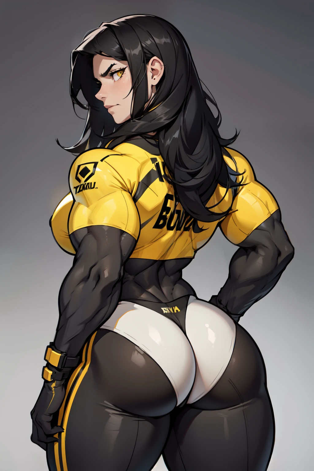 girl ((1girl)) pale skin (muscular) (huge ass) toned body thick thighs black hair yellow eyes long hair (grey background) bodybuilder from behind frowning tight clothes