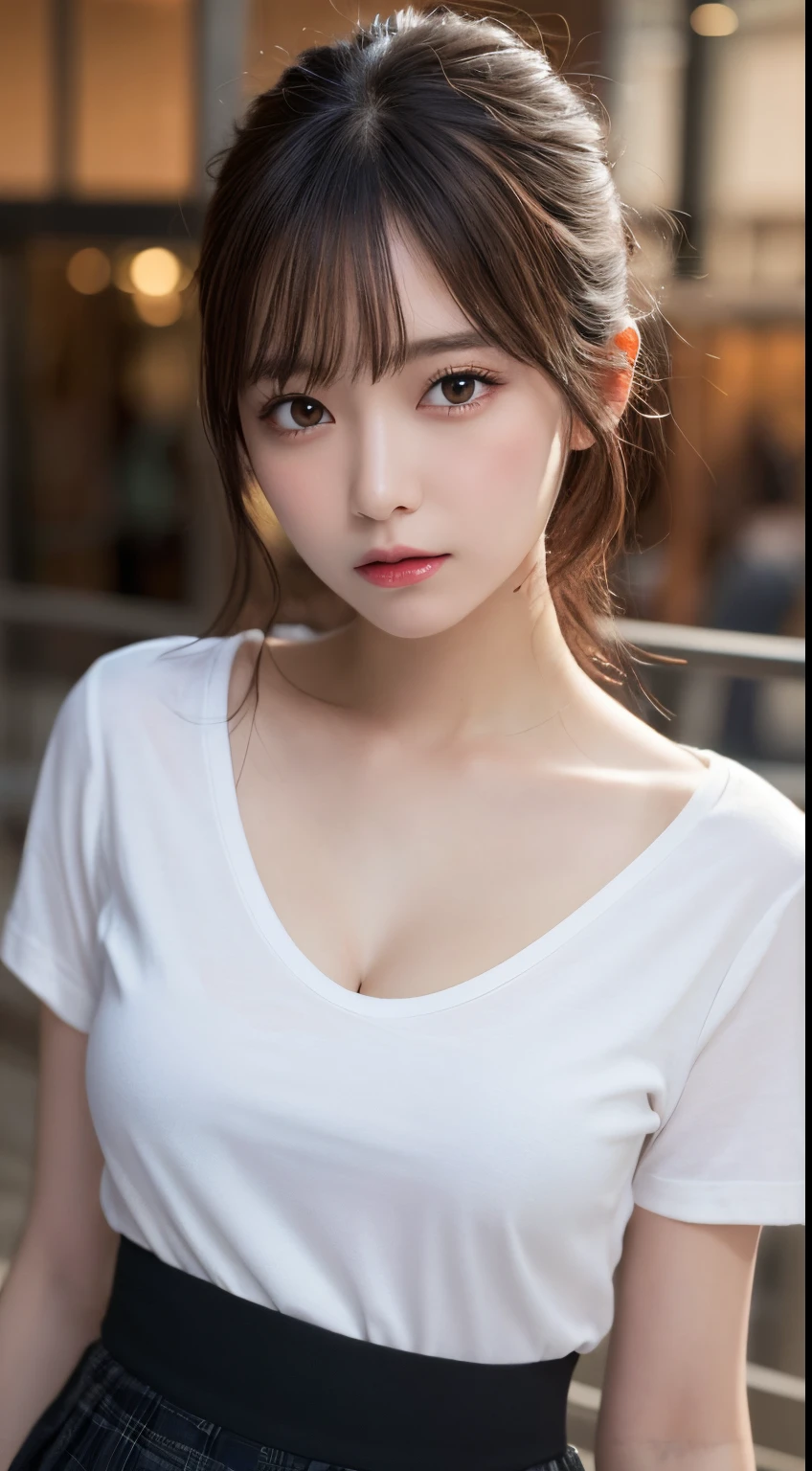 masutepiece, Best Quality, Illustration, Ultra-detailed, finely detail, hight resolution, 8K Wallpaper, Perfect dynamic composition, Beautiful detailed eyes, Natural Lip,White T-shirt:1.9,small black pleated skirt,cleavage,Full body