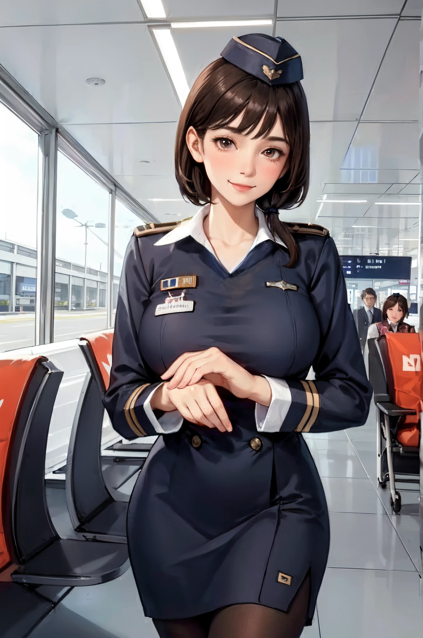 A flight attendant sitting in a chair, surreal flight attendant, realistic style, full body portrait, flight attendant uniform, hip-wrapped skirt, short hair, delicate facial features, captured on the Canon EOS R 6, plump chest, thin black stockings, slender legs, straight legs, smiling expression, fair skin, soft interior light