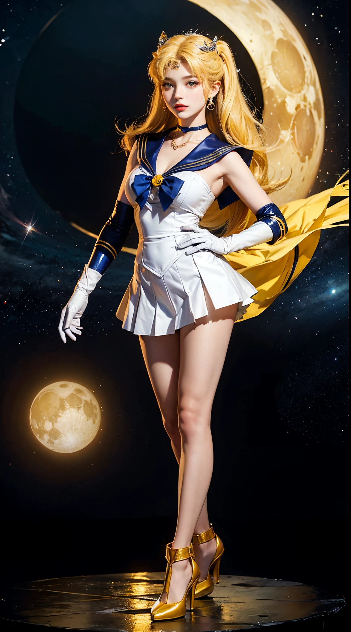 ((​masterpiece:1.4)、(top-quality:1.4)、(reallistic:1.7))、masuter piece:1.4、a beauty girl、(Sailor Moon:1.4)、Tsukino Usagi、Body Fit Sexy Sailor Senshi Uniform、(latex shiny)、(The jacket is a white sleeveless sailor suit)、(Skirt Blue Sexy Ultra Ultra Pleated Mini Skirt)、The collar of the sailor suit is blue with two thin lines.、high leg swimsuit、Red cloth ornament on chest、(Wearing white gloves)、Kawaii Girl、Super beauty、foco nítido、Portrait photos、(Perfect female body:1.4)、perfectly proportions、Full body shooting:1.4、美丽的面容、beautidful eyes、Narrow waist、beauty legs、(yellow  hair:1.4)、(length hair:1.2)、Beautiful udder、large full breasts:1.2、Sexy ass、Raw photo、red-lips、Red high heels:1.4、a choker:1.4、a necklace:1.4、耳环:1.4、Luxurious Golden Tiara:1.4、1 screen display、a moon、kosmos、spaceships、A space station、City of the Future