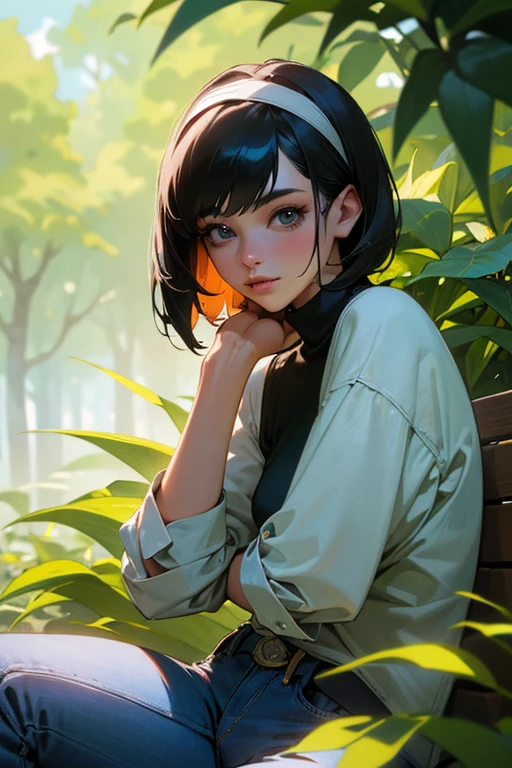 (best quality,4k,highres,masterpiece:1.2),ultra-detailed,realistic,single girl:A young woman, 18 years old, with short black hair, sitting in a park, wearing a black turtleneck, jeans, and a hairband,beautiful detailed eyes,beautiful detailed lips,surrounded by colorful flowers and lush green grass,faint sunlight filtering through the leaves,soft, natural lighting.