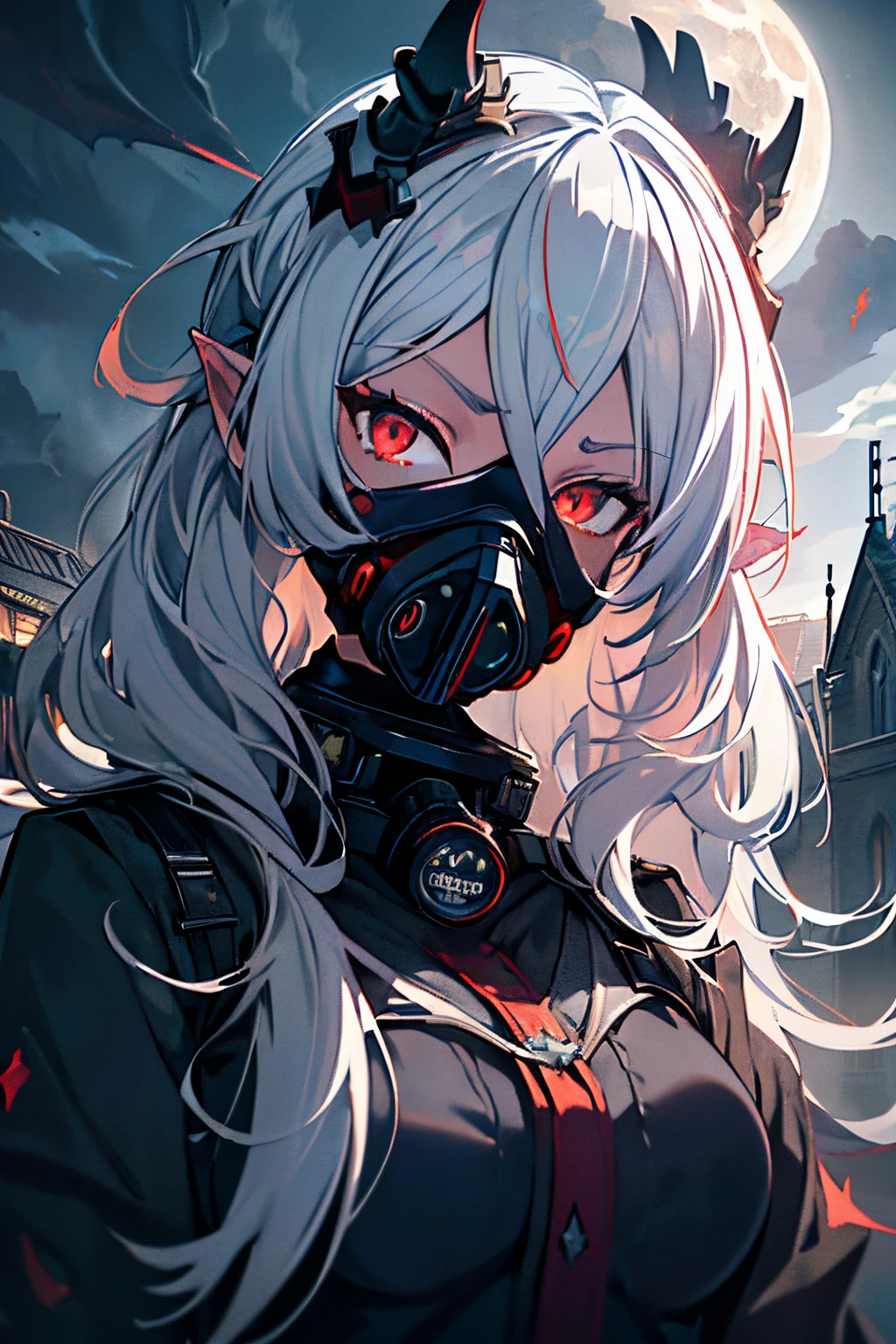 masterpiece, best quality, ((1girl)), (colorful),(finely detailed beautiful eyes and detailed face),cinematic lighting,extremely detailed CG unity 8k wallpaper, sky, cloudy_sky, building, moonlight, moon, night, (dark theme:1.3), light, fantasy, ((red Eyes)) ((White Skin)) ((Vampire Ears)) (((Long White Hair)) ((Survivor Clothes)) ((Gas Mask)) ((agressive expression))
