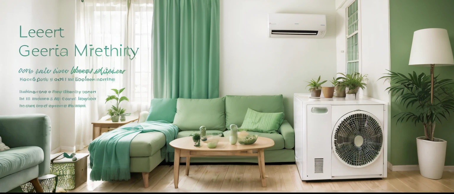 a close up of a living room with a green air conditioner, ad image, shining and happy atmosphere, a green, #green, green accent lighting, green ambient light, ambient green light, green theme, natural lighting, advertising photo, an elegant green, elegant design, green technology, sleek design, green color scheme, vibrant green, easygoing, soft green lighting