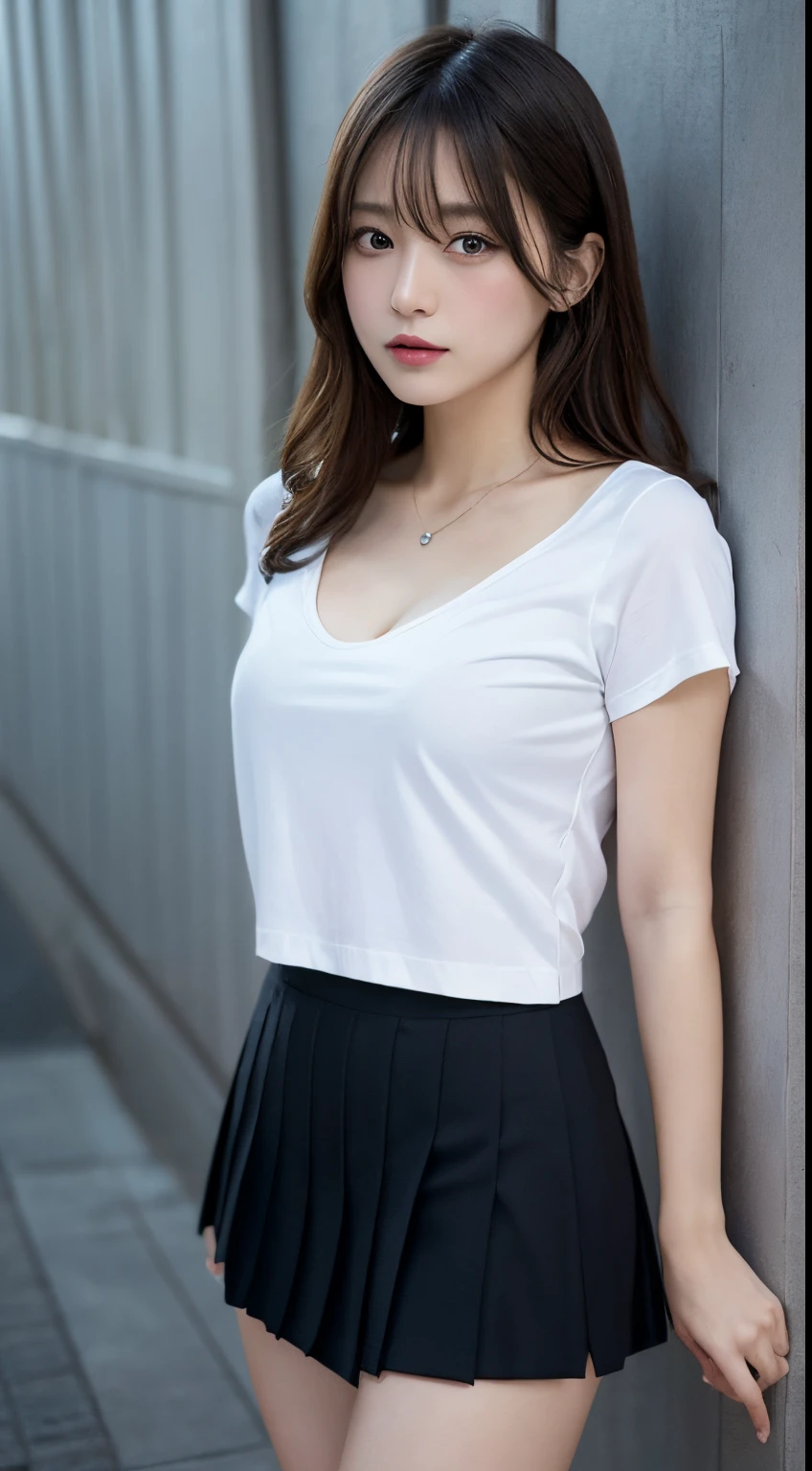 masutepiece, Best Quality, Illustration, Ultra-detailed, finely detail, hight resolution, 8K Wallpaper, Perfect dynamic composition, Beautiful detailed eyes, Natural Lip,White T-shirt:1.9,small black pleated skirt,cleavage,Full body