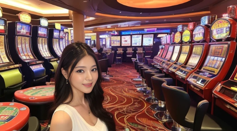 ((beste-Qualit, 10, masterpiece: 1.3)), 1girls, Slim Abs Beauty: 1.3, (Hairstyle Casual, large boobs: 1.2), dress: 1.1, Super Fine Face, delicate eyes, 二重まぶた, smile, in his mobile phone, The sign says:: "369",(Play Slot Machines,PG slot games),(Random background,In casinos,VIP casino room, Modern Casino Console, Modern Slot Machines )