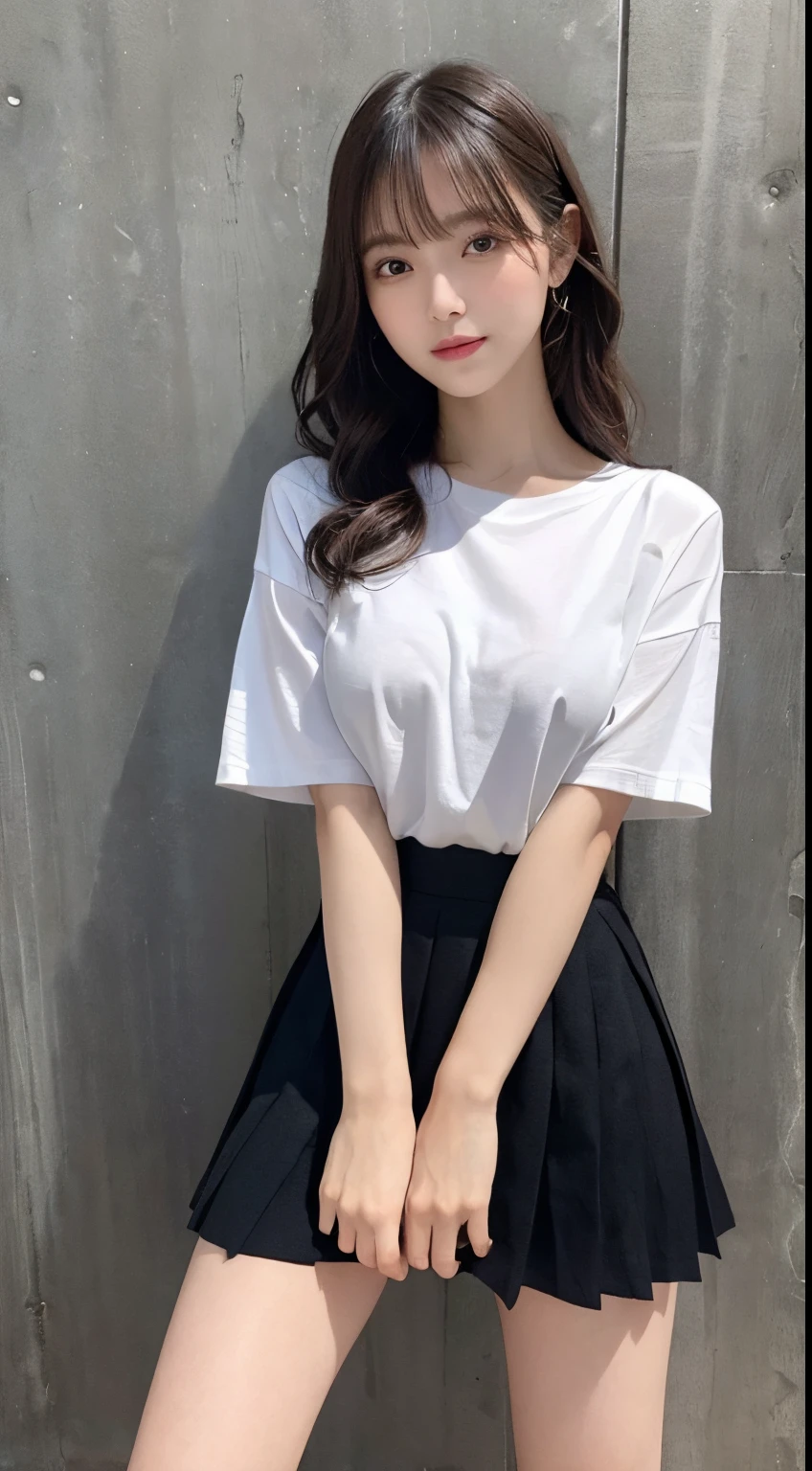 Innocent 18 year old girl、((White T-shirt, small black pleated skirt,Black High Heels,I can see the shape of big breasts,thigh visible,I almost saw my panties.,Dramatic poses)),Crisp eyes,face with high quality,Smile,Twin-tailed,Curly hair,Background of Western-style buildings、Wooden wall background、Raw photo, (8K、top-quality、masterpiece:1.2)、(intricate detailes:1.4)、(Photorealsitic:1.4)、octane renderings、Complex 3D rendering ultra detail, Studio Soft Light, Rim Lights, vibrant detail, super detailing, realistic skin textures, Detail Face, Beautiful detail eyes, Very detailed CG Unity 16k wallpaper, make - up, (detailedbackground:1.2), shinny skin, Full body、((From head to thigh)),((Shot from below))