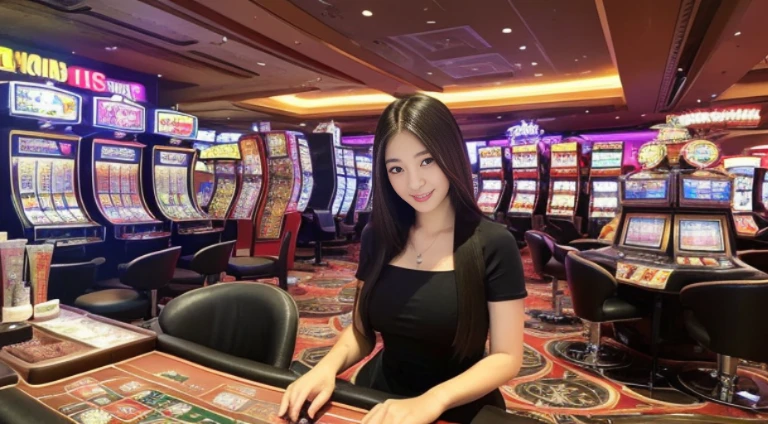 ((beste-Qualit, 10, masterpiece: 1.3)), 1girls, Slim Abs Beauty: 1.3, (Hairstyle Casual, large boobs: 1.2), dress: 1.1, Super Fine Face, delicate eyes, 二重まぶた, smile, In his hand was a sign that said::,:: "369",(Play Slot Machines,PG slot games),(Random background,In casinos,VIP casino room, Modern Casino Console, Modern Slot Machines )