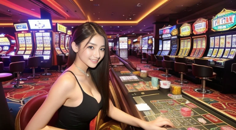 ((beste-Qualit, 10, masterpiece: 1.3)), 1girls, Slim Abs Beauty: 1.3, (Hairstyle Casual, large boobs: 1.2), dress: 1.1, Super Fine Face, delicate eyes, 二重まぶた, smile, In his hand was a sign that said::,:: "369",(Play Slot Machines,PG slot games),(Random background,In casinos,VIP casino room, Modern Casino Console, Modern Slot Machines )