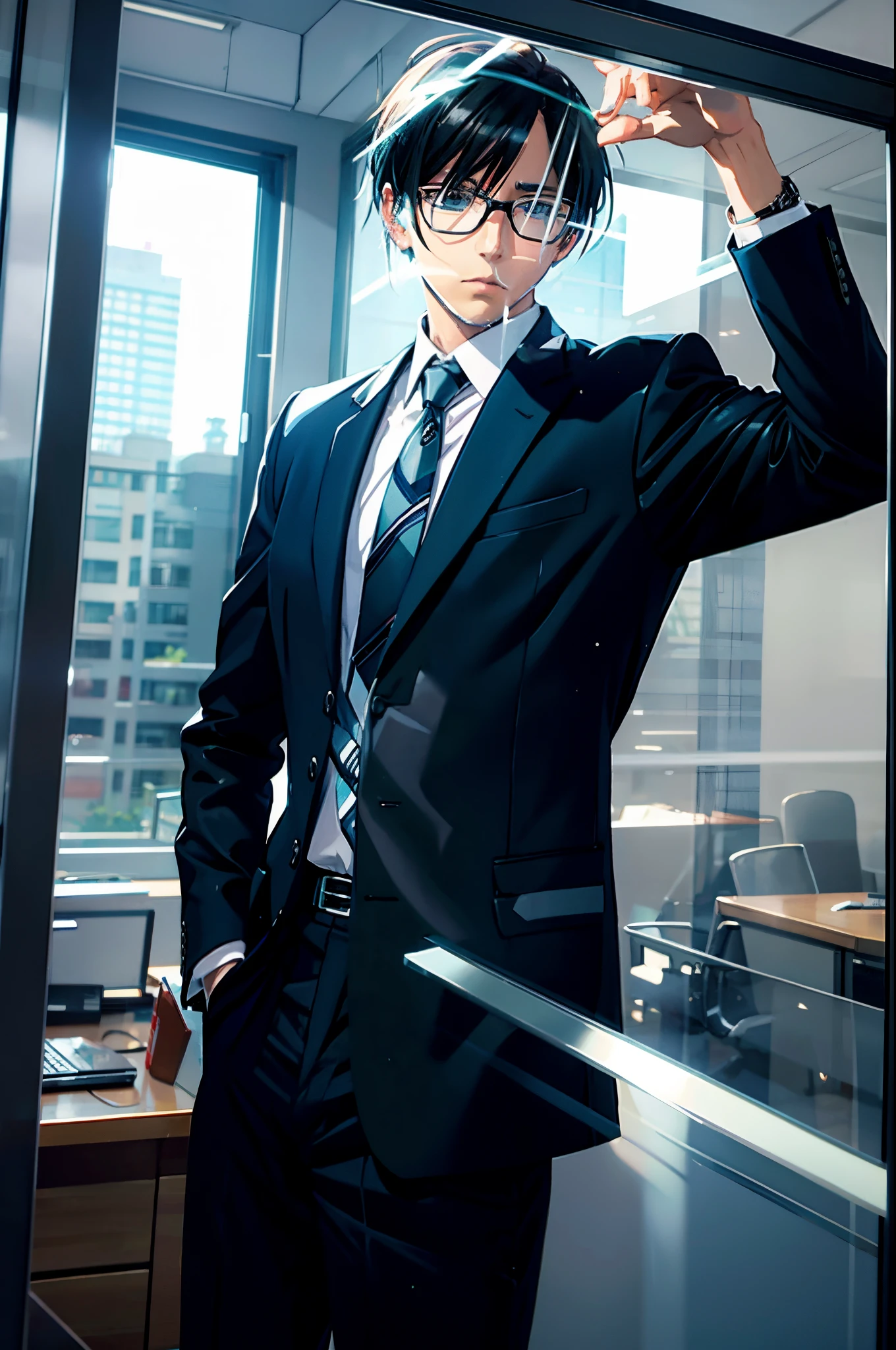 anime adult man, striped formal pants, office glass window