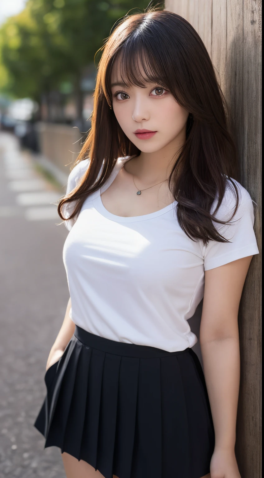 Best quality, (RAW photo: 1.2), (Masterpiece: 1.4), (Realistic: 1.4), (High resolution: 1.4), Chinese actress Gulinazha, depth of field, intricate details, 8k, very detailed, perfect lighting, epic background, big bust 1.3, white T-shirt, jeans