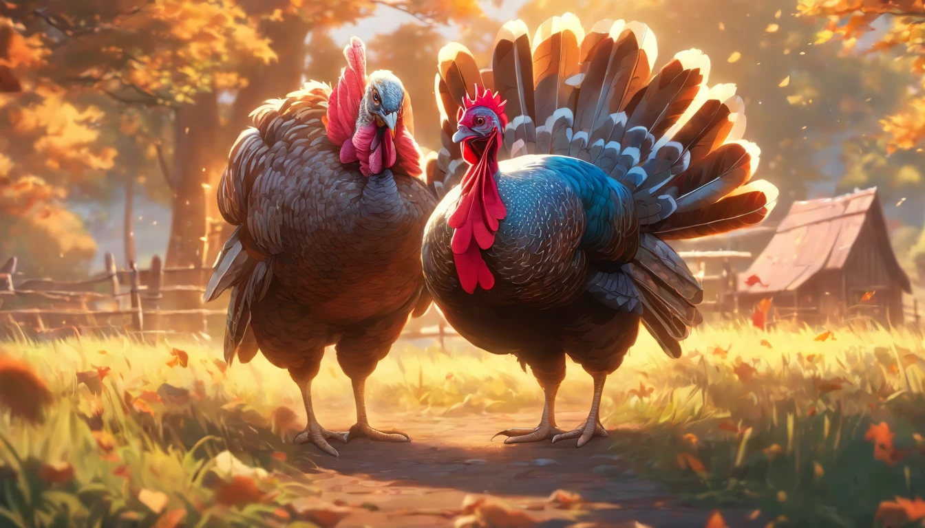 (masterpiece, best quality, ultra-detailed, 8k wallpaper), (close up shot of a turkey), at the barn, countryside, morning