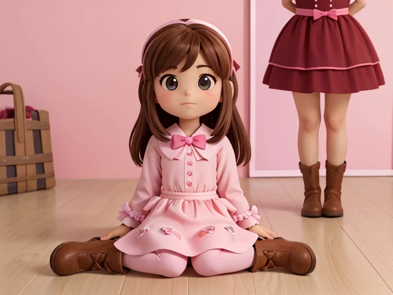 Imagem de perfil de a ,girl sitting on the floor character animation frames, identical character design in each frame, The girl is alone, Feliz, brown hair, olhos castanhos, bochechas rosadas, Traje de cowboy cor-de-rosa, pink bow, Botas Rosa, imagem vertical, fundo branco.