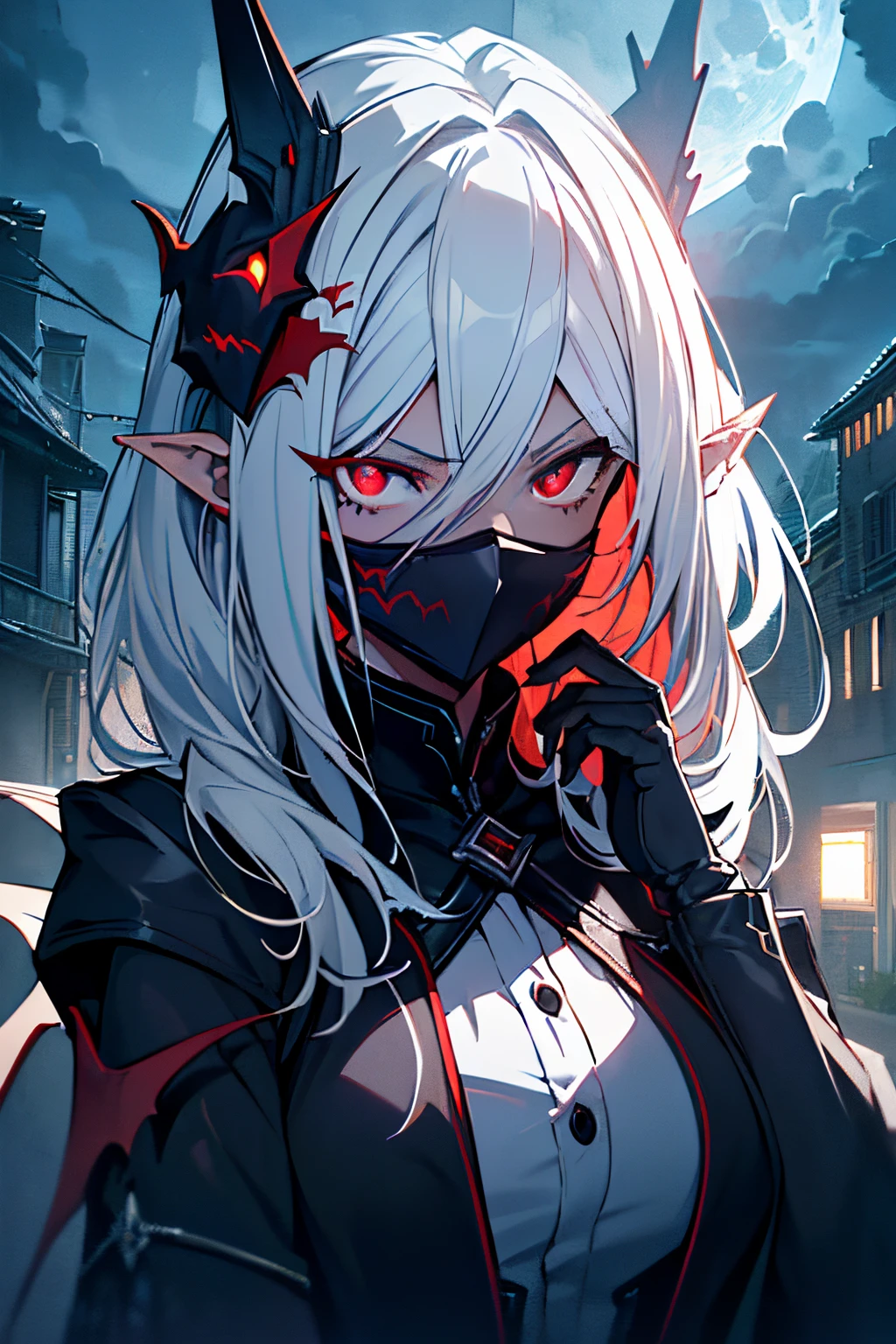 masterpiece, best quality, ((1girl)), (colorful),(finely detailed beautiful eyes and detailed face),cinematic lighting,extremely detailed CG unity 8k wallpaper, sky, cloudy_sky, building, moonlight, moon, night, (dark theme:1.3), light, fantasy, ((red Eyes)) ((White Skin)) ((Vampire Ears)) (((Long White Hair)) ((Survivor Clothes)) ((Mask)) ((agressive expression))