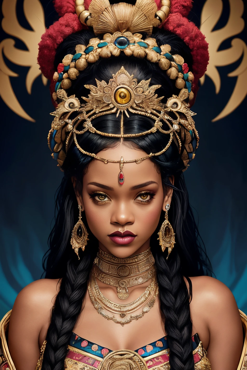 "Generate an AI-powered artwork that envisions Rihanna as a mythical figure, weaving together elements of modernity and ancient mythology. Picture her adorned in regal attire inspired by diverse mythologies, blending contemporary fashion with symbols from various cultures. Imagine her wielding an emblematic artifact, representing her influence in the realms of music, fashion, and culture. Set the scene against a backdrop of mythical landscapes, incorporating symbols and motifs that resonate with Rihanna's impact. Use a vibrant and dynamic color palette to convey the energy and charisma associated with Rihanna's mythological persona. The final image should be a visually captivating fusion of Rihanna's contemporary essence and the timeless allure of mythology."