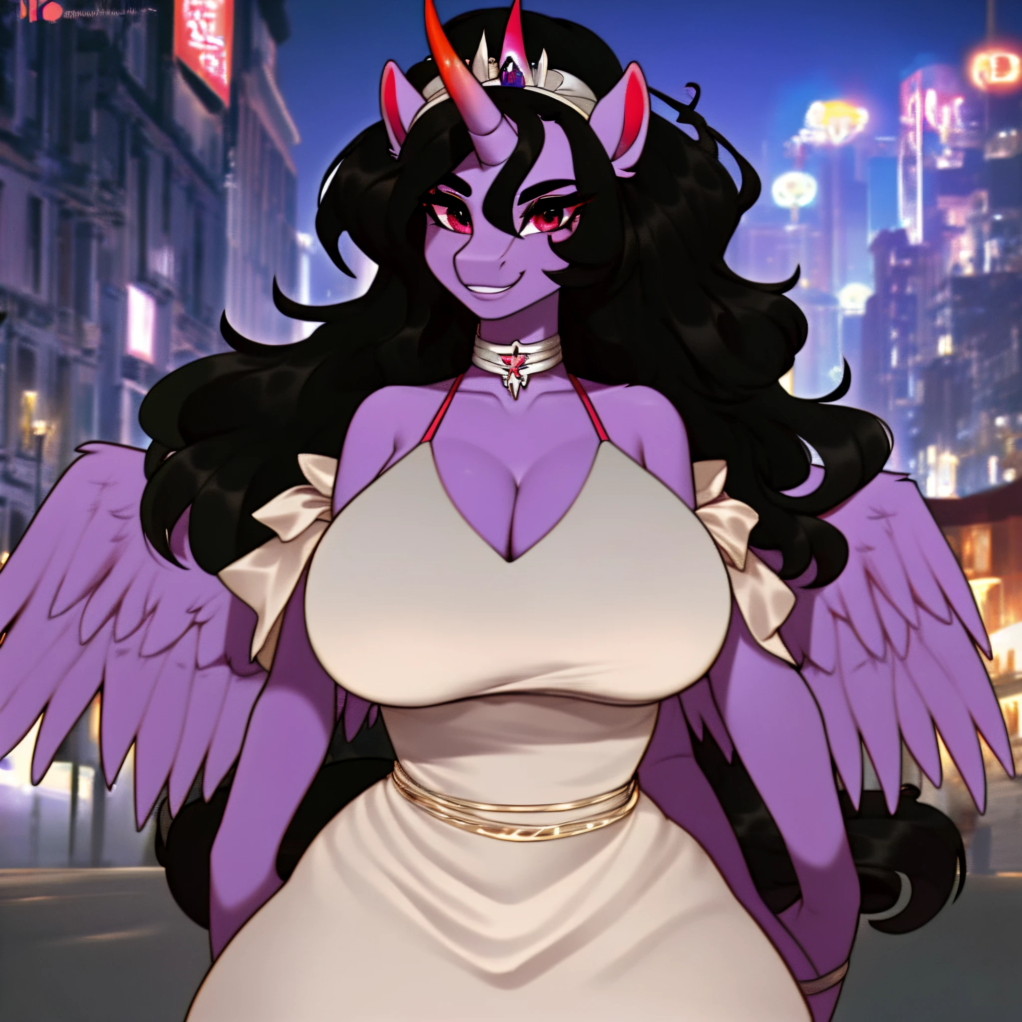 (score_9), (source_pony), (solo), (alicorn), ((anthroking sombra fusion twilight sparkle:1.2)), (sexy dress), facing you, sexy, smiling, sensual, long Messy hair, anatomically correct, night city, big breast, half body, anime art style, 8k, high detail