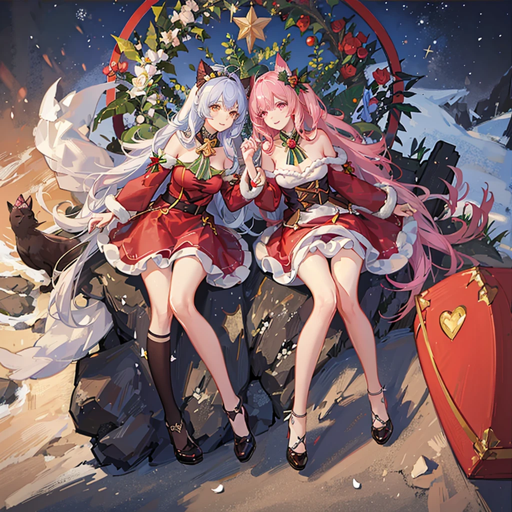 of the highest quality, High resolution, The perfect human structure, Background Focus, Front view, rainbow hair, Shiny hair, Cat ears, Flower garden in the background, Christmas, santa, Santa Cosplay, picnic, Fun, Heart shaped pupils , Wavy Hair, Shiny hair, Smiling, Pink dress, Beautiful,