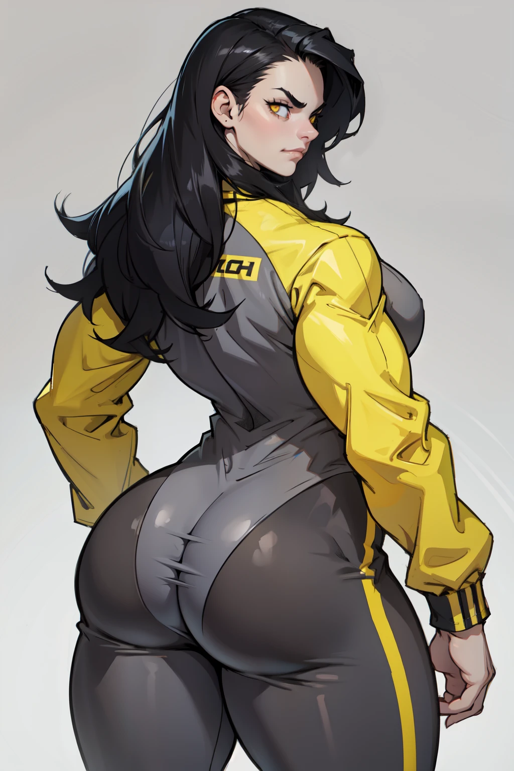 girl ((1girl)) pale skin (muscular) (huge ass) toned body thick thighs black hair yellow eyes long hair (grey background) bodybuilder from behind frowning jumpsuit
