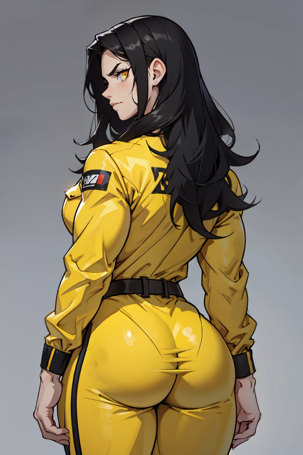 girl ((1girl)) pale skin (muscular) (huge ass) toned body thick thighs black hair yellow eyes long hair (grey background) bodybuilder from behind frowning jumpsuit