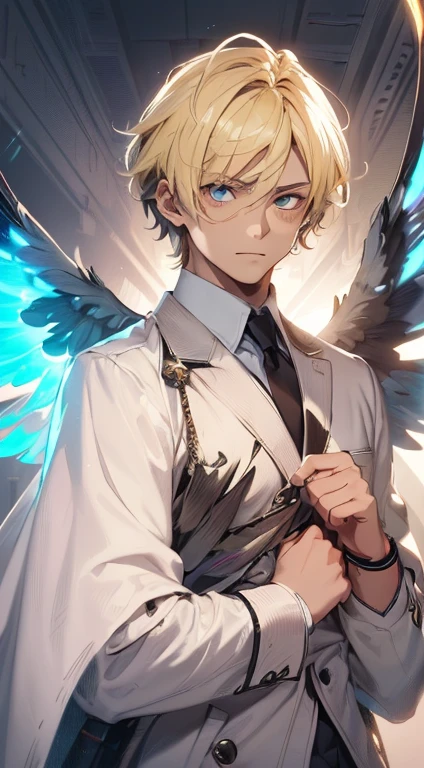(absurdres, highres, ultra detailed, age man, simple forms, masculine and brutish features, vibrant colors, neutral expression, untrained aesthetic, blonde boy with wings, white cloth, student, His attire includes a cape that resembles archangel wings, and when he activates his Quirk, glowing wings manifest on his back. He also wears bracelets that emit light to amplify his powers.