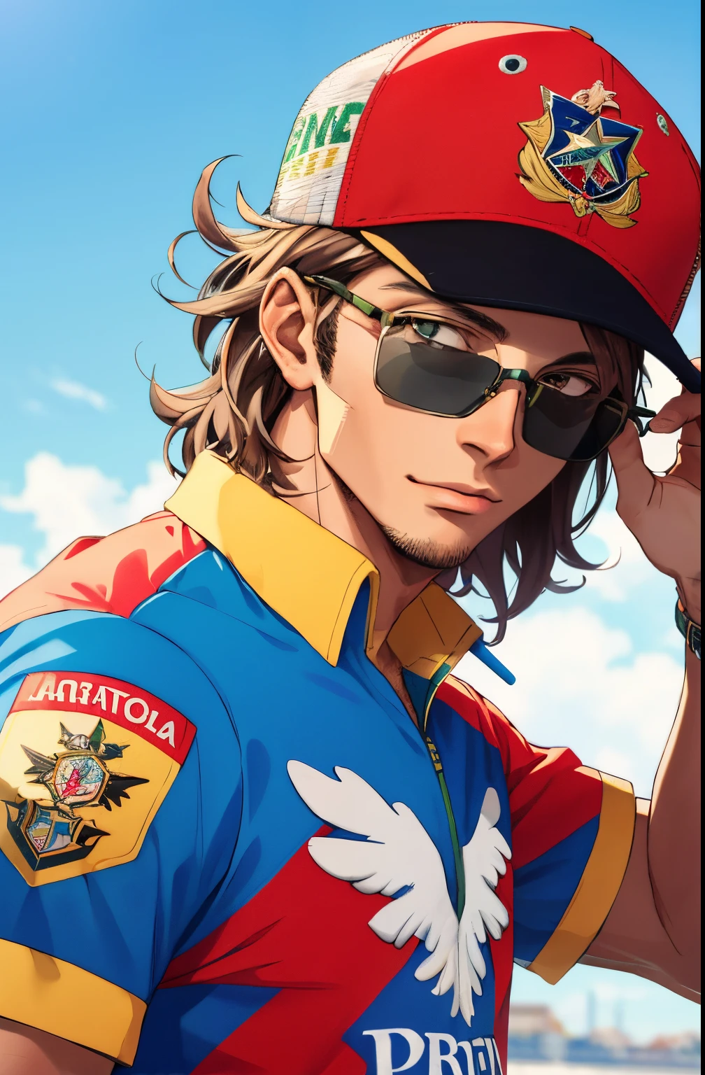 Realistic, (masterpiece, top quality, best quality, official art), very detailed, colorful, most detailed, Man with cap,Young man with cap,humorous,homem divertido,wearing juliet glasses,blue and red glasses,juliet glasses,yellow cap,camisa do Benfica,camisa de time,visual brasileiro,sun glasses,""brazilian boy"",""straight brim cap"",""Benfica team shirt"
