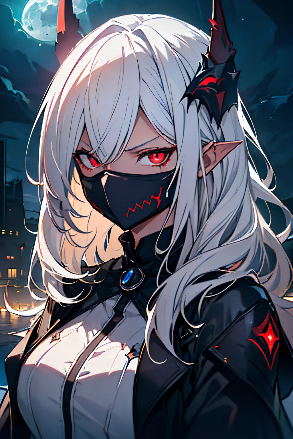 masterpiece, best quality, ((1girl)), (colorful),(finely detailed beautiful eyes and detailed face),cinematic lighting,extremely detailed CG unity 8k wallpaper, sky, cloudy_sky, building, moonlight, moon, night, (dark theme:1.3), light, fantasy, ((red Eyes)) ((White Skin)) ((Vampire Ears)) (((Long White Hair)) ((Survivor Clothes)) ((Mask)) ((agressive expression))