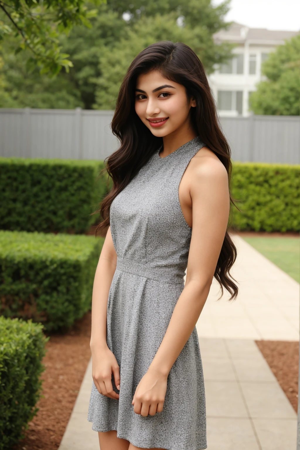 14 years old girl named mouni roy, wearing sundress, closeup full body photo taken on iphone, perfect body, smile, backyard, strappy heels