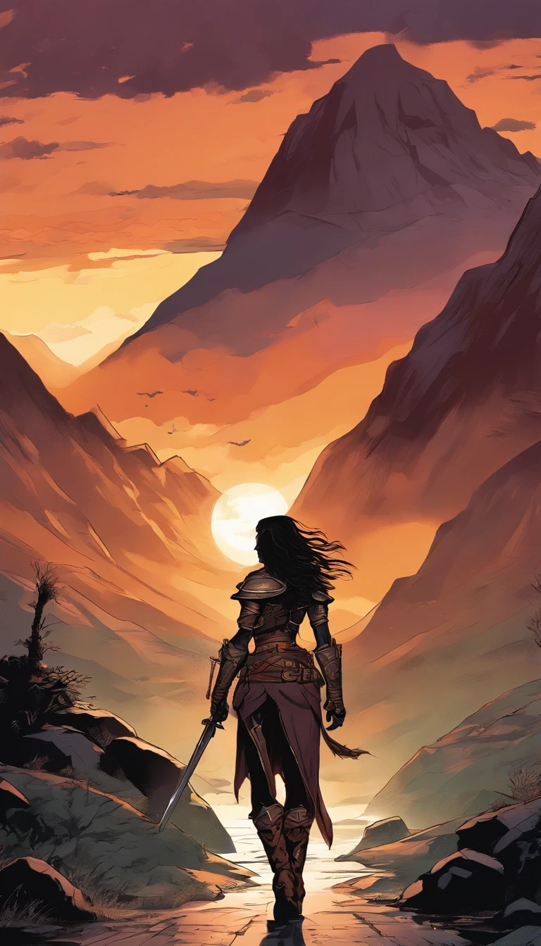 ((masterpiece, dark fantasy, best quality)), (camera from back), (1girl), dark female warrior walking on stony path, ((face to camera, camera from back)), dark mountains in the background, rainy evening, high details, (symetric face, symetric eyes, white hair, long hair, dark armour), brown eyes, ((breast exposed)), ((natural breasts, shining breasts)),,(dark armour), brown eyes, fantasy, ((rainy evening, dark mountains in background)), ((fantasy dark colors)), style of Frank Frazetta, fantasy
