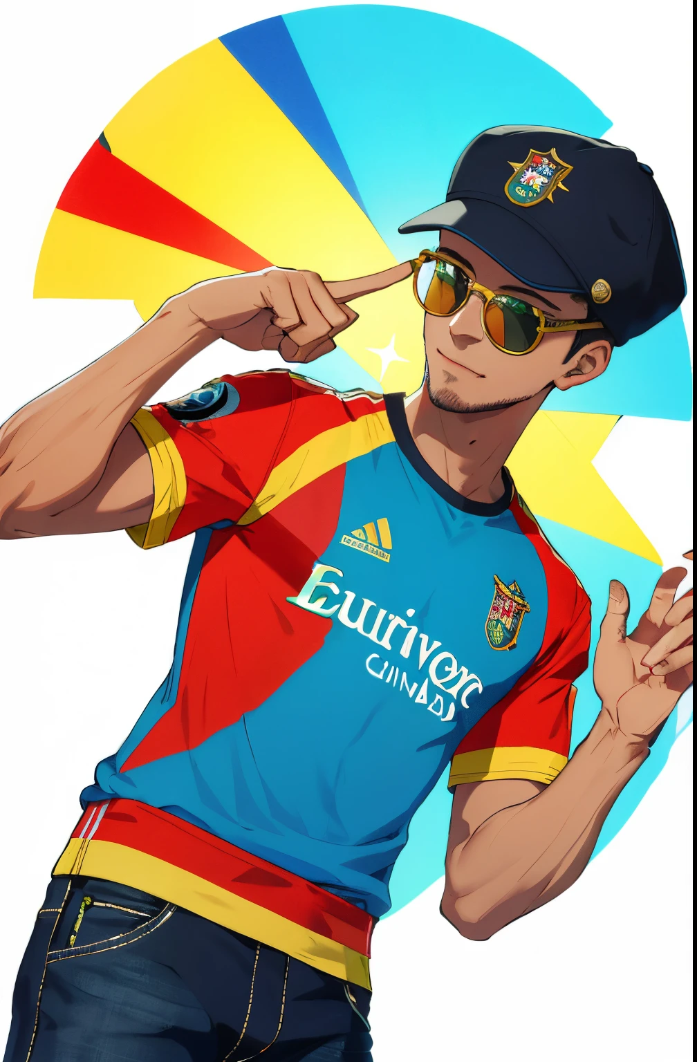 Realistic, (masterpiece, top quality, best quality, official art), very detailed, colorful, most detailed, Man with cap,Young man with cap,humorous,homem divertido,wearing juliet glasses,blue and red glasses,juliet glasses,yellow cap,camisa do Benfica,camisa de time,visual brasileiro,sun glasses,""brazilian boy"",""straight brim cap"",""Benfica team shirt",""buzz cut""